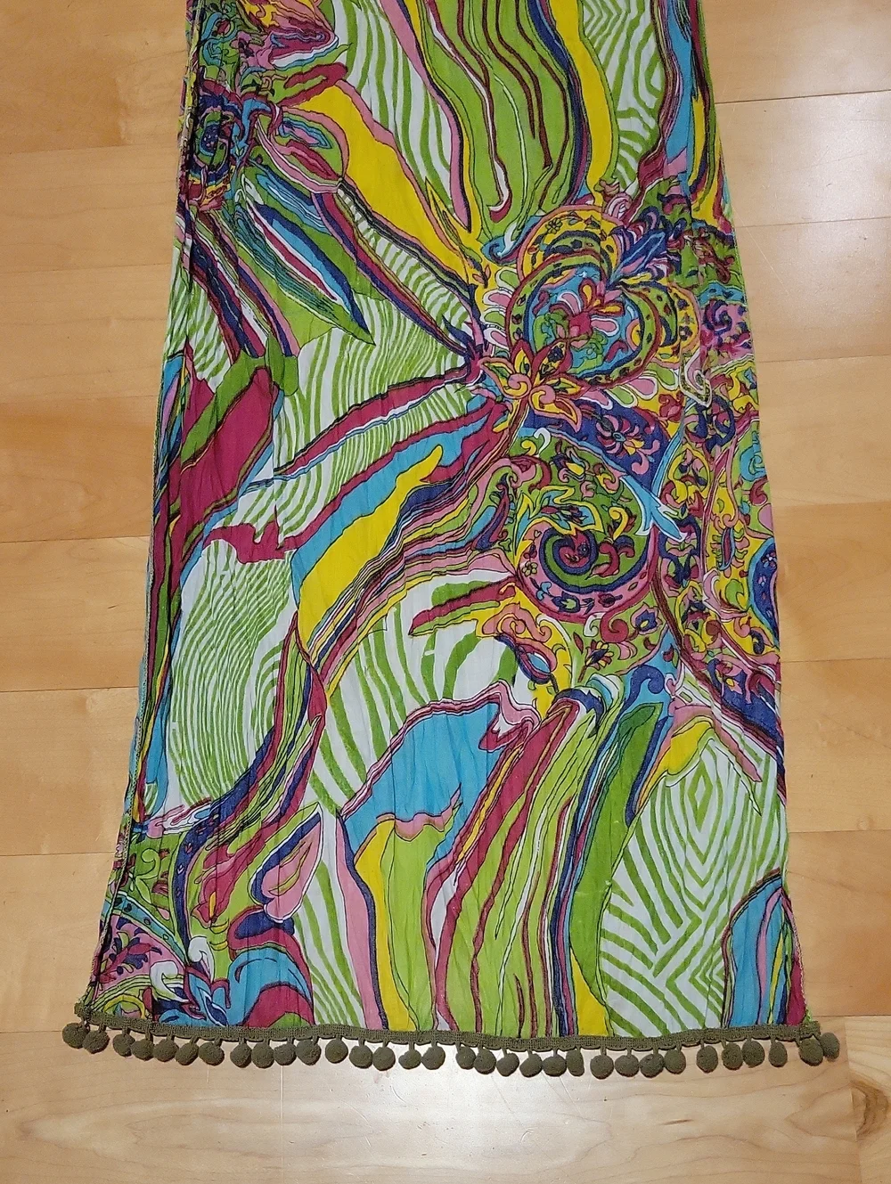 Vintage Colorful Cotton Scarf Wrap With Pompoms From Thailand 65x18in